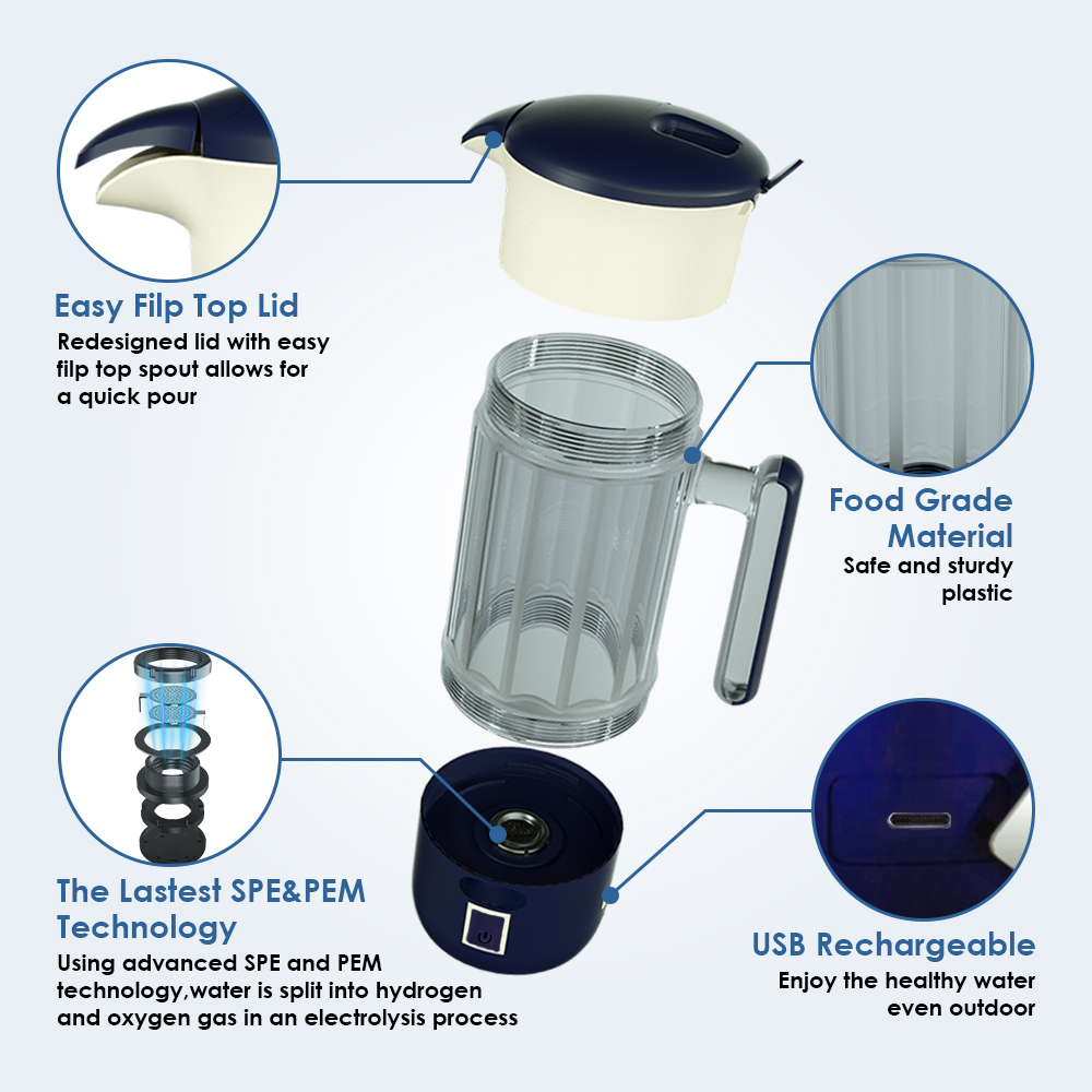 Hydrogen Water Bottle Hydrogen Water Generator Ionizer Hydrogen Rich Water Maker Machine Hydrogen Water Pitcher with SPE PEM 1500ml 9
